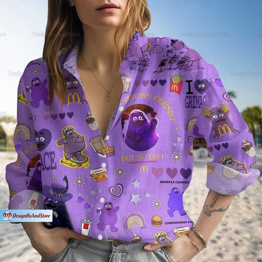 Discover Grimace Shake Blouses Shirt, Grimace Face Blouse, Button Down Shirt, Funny Shake Shirt, Hbd Grimace Button Shirt