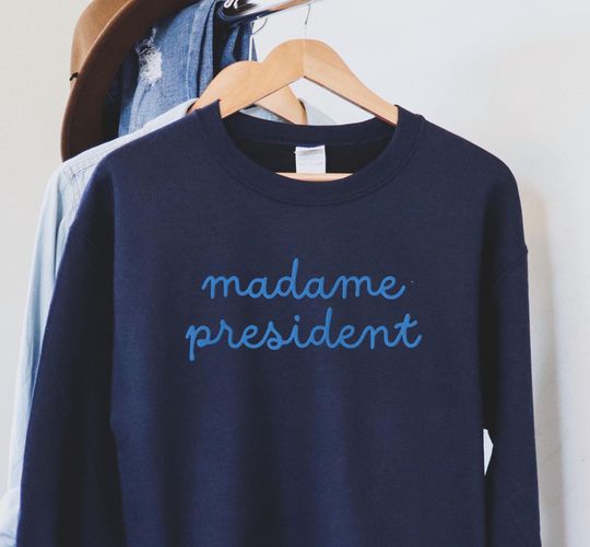 Discover EMBROIDERED Madame President Sweatshirt, Kamala Harris Sweater, President Kamala 2024 Crewneck, Liberal Democrat Feminist Shirt, Pro Harris