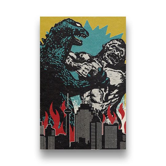 god zilla Vs. King Kong. A vintage retro inspired Kaiju Japanese Monster Movie Battle to the death in a giclee poster art print