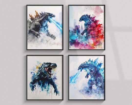 Discover god zilla King of Monsters, Set Of 4 Exclusive Watercolor Posters Printable, Movie Prints, Wall Art, Room Decor