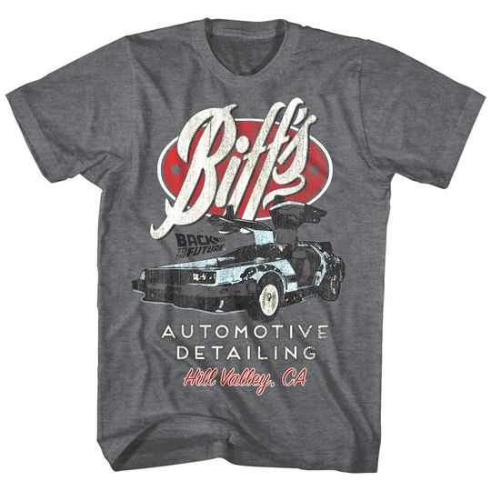 Back to The Future Men's T-Shirt Biff's Automotive Detailing Charcoal Heather Graphic Tee Big and Tall T-shirts 80s Movie Tees