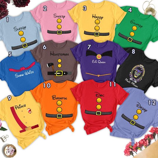 Discover Snow Princess And Seven Men Matching T-Shirt, Animated Movie Suit Matching Tee, Magic Kingdom Tee, Group Matching Halloween Costume Cosplay