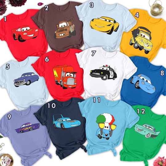 Discover Custom Racing Cars Movie Character Group Matching T-Shirt, Red Lightning Car And Friends Shirt, Car World Movie Shirts, Car Lovers Gift RE
