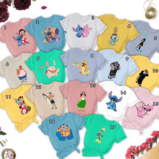Discover Custom Name Lilo And Stitch All Characters Group T-Shirt, Funny Angel Family Matching Shirt, Cute Stitch And Friends Vacation Shirt