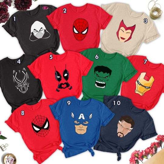 Funny Superhero Costume Family Shirt, Hero Team Matching T-Shirt, Spider Man Iron Man Captain America Hero Character Halloween Costume Gift