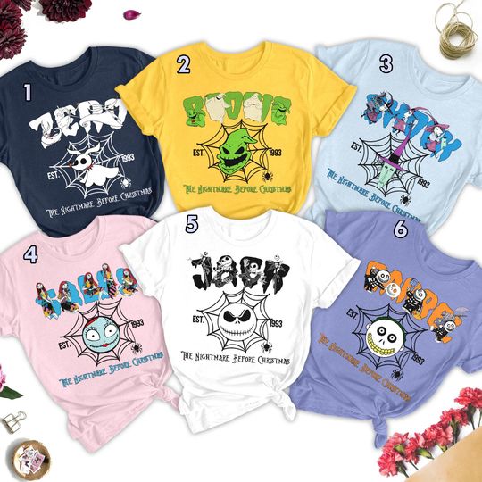 Discover Nightmare Christmas Characters Group T-shirt, Nightmare Horror Character Shirt, Skeleton Character Tee, Family Custom Shirt, Gift For Friend