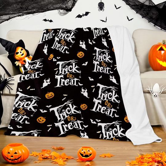 Halloween Blanket, Trick or Treat, Pumpkin Ghost Bat for Kids Teens, Lightweight Soft Flannel Sofa Blanket, Best Gift for Kids