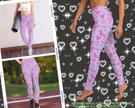 BAT FLORAL Yoga Leggings, Cute Bat wild flowers, Botanical Bat Print Pattern Tights, mori kei, forestcore, Cottagecore, lavender pink rose