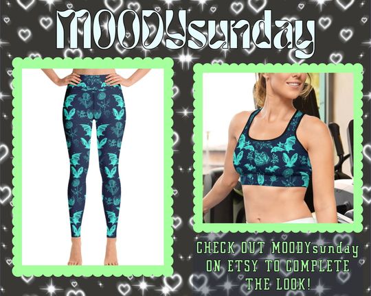 BAT FLORAL Yoga Leggings, Cute Bat Tee wild flowers, Botanical Bat Print Pattern Tights, mori kei, forestcore, Cottagecore, Navy leggings