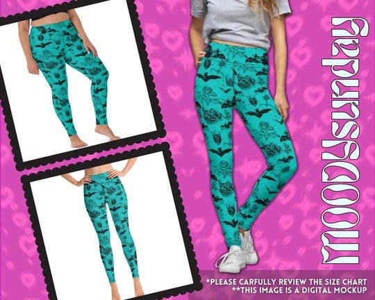 BAT FLORAL Yoga Leggings, Cute Bat Tee wild flowers, Botanical Bat Print Pattern Tights, mori kei, forestcore, Cottagecore, turquoise teal