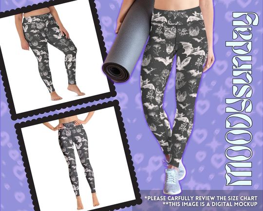 BAT FLORAL Yoga Leggings, Cute Bat Tee wild flowers, Botanical Bat Print Pattern Tights, mori kei, forestcore, Cottagecore, Dark Grey Black