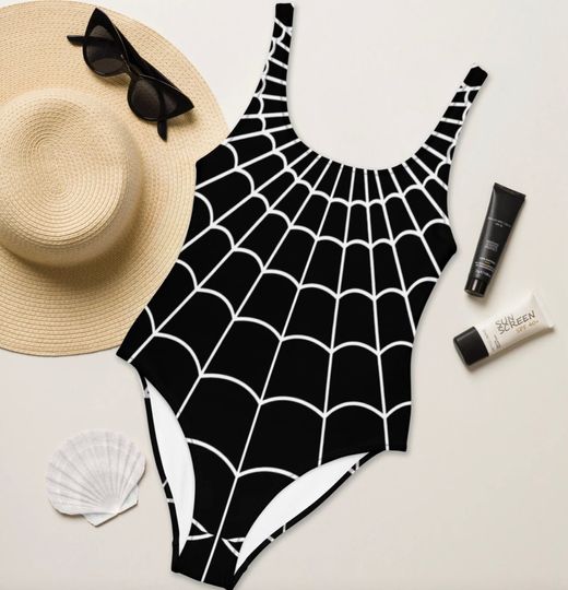 Black and White Spider Web One-Piece Swimsuit, Noir Spider Cosplay outfit, Spider Gwen Swimming Costume, Alt Indie Bikini