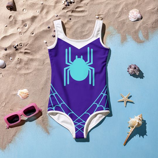 SPIDER GWEN STACY Inspired Kids Swimsuit Spider Girl One-Piece Swimsuit Purple with Neon Spider Spidergwen superhero swimsuit, kids costume