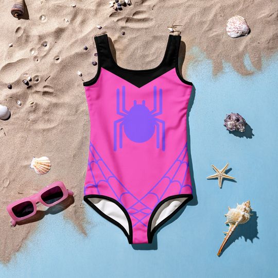 SPIDER GWEN STACY Inspired Kids Swimsuit Spider Girl One-Piece Swimsuit Pink with Purple Spider Spidergwen black trim swimsuit, kids costume