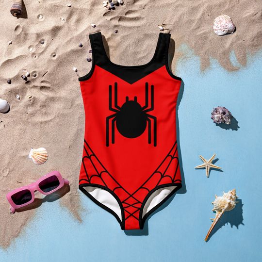 Discover SPIDER WEB Inspired Kids Swimsuit Spider Girl One-Piece Swimsuit RED with Black Spider Spidergwen superhero swimsuit, kids costume