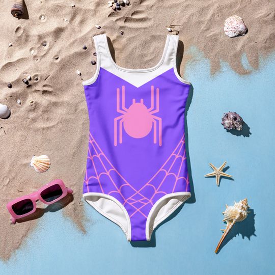 SPIDER GWEN STACY Inspired Kids Swimsuit Spider Girl One-Piece Swimsuit Purple with Pink Spider Spidergwen superhero swimsuit, kids costume