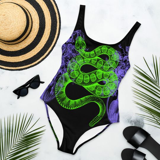 Discover FLORAL SNAKE One-Piece Swimsuit, Black Neon Purple, Alt Swimwear, Alternative Swimming Costume, vintage wild flower vase, trendy, botanical