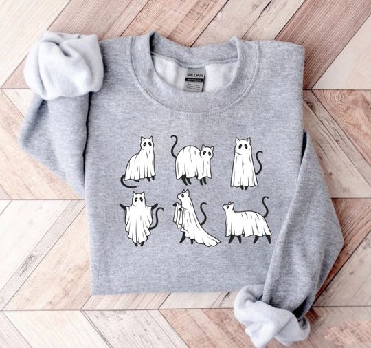 Discover Halloween Sweatshirt, Cat Sweatshirt, Ghost Sweatshirt, Halloween Sweater, Halloween Cat