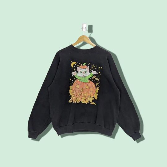 Vintage 90's HALLOWEEN Sweatshirt Cat Pumpkin Pullover Big Image Jumper Sweatshirt