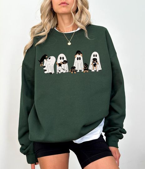 Discover Dog Halloween Unisex Crewneck Sweatshirt Dog Ghost Rottweiler Doberman Sweatshirt