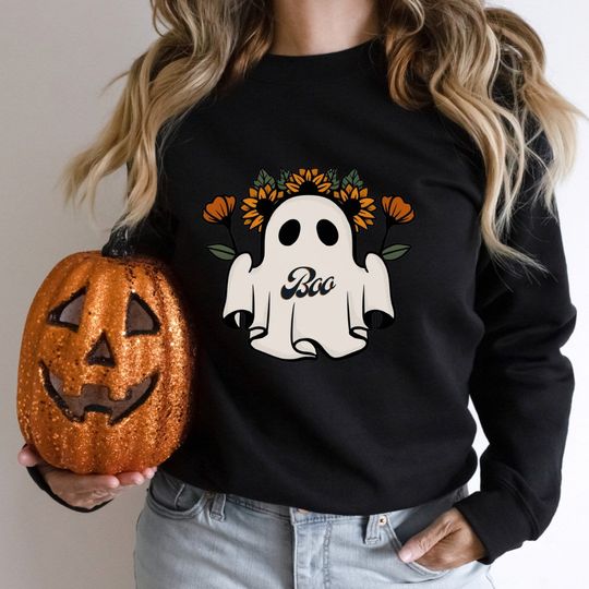 Discover Retro Halloween Sweatshirt, Flower Ghost Sketch Shirt, Vintage Ghost Halloween Sweater