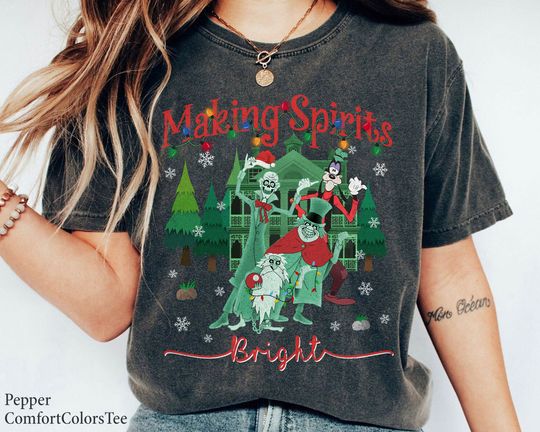 Discover Making Spirits Bright Hitchhiking Ghost Haunted Mansion Christmas Light Shirt, Walt Disney World Shirt, Gift Ideas Men Women