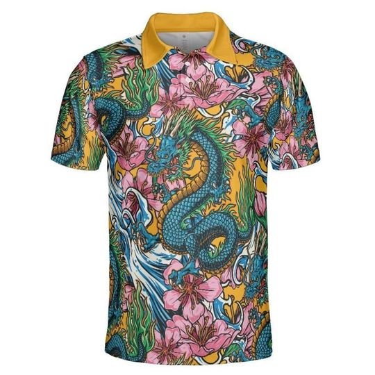 Discover Sakura Flowers And Dragons Polo Shirt