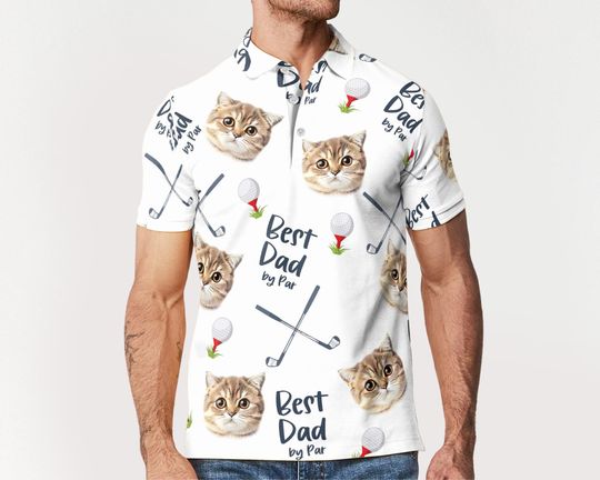 Best Dad By Par Polo Shirt with Custom Cat Portrait from Photo, Father's Day Gift, Personalized Short Sleeve Golf Polo Shirt, Dog Cat Lovers