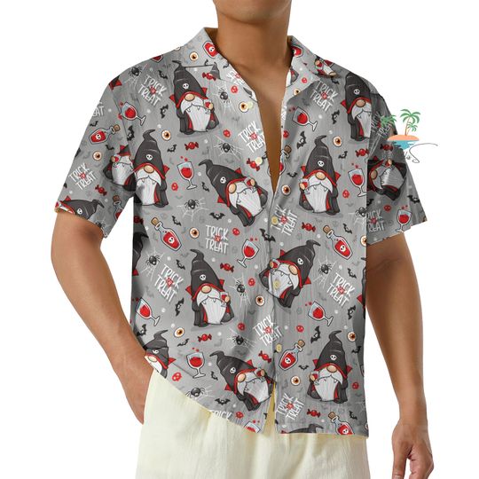 Discover Drinking Gnome Halloween Hawaiian Shirt, Trick Or Treat Shirt, Wine Lover Button Up Shirt, Spooky Vibes Hawaii Shirt