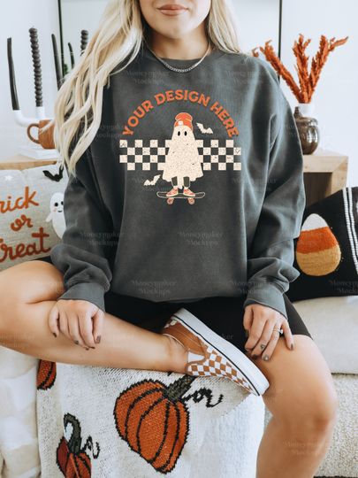 Discover Halloween Mockup Comfort Colors 1566 Pepper Mockup | Fall Mockup | Grey Sweatshirt Mockup