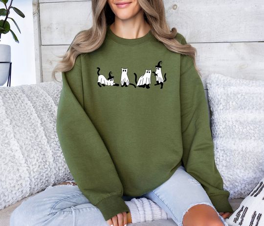 Discover Spooky Black Cat Halloween Sweatshirt, Cat Ghost Shirt, Perfect for Halloween Parties