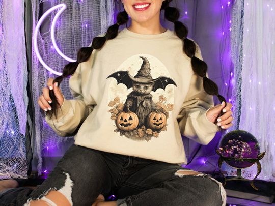 Cute Halloween Sweatshirt with Vintage Witchy Bat and Pumpkins