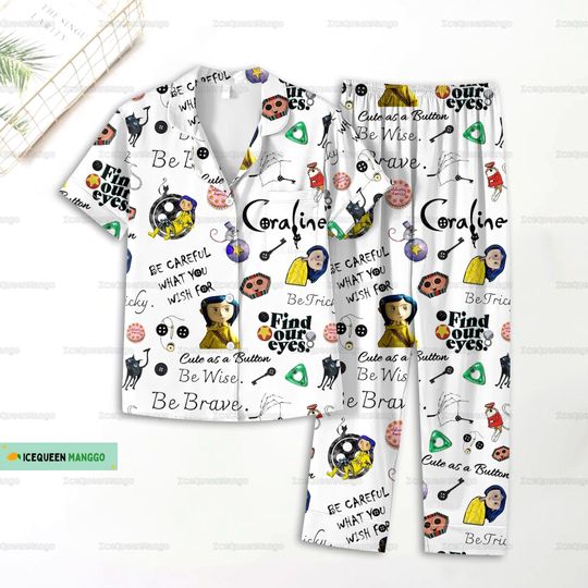 Discover Coraline Doll Pajamas Set, Coraline Jones Shirt, Horror Movie Pajamas Pants, Caroline Button Eyes Holiday Pajamas, Halloween Movie Gift