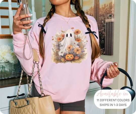 Discover Cute Ghost Halloween Sweatshirt, Cottagecore wildflowers Ghost Sweater