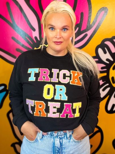 Discover Trick or Treat Crewneck, womens shirt, Chenille Patch Sweatshirt