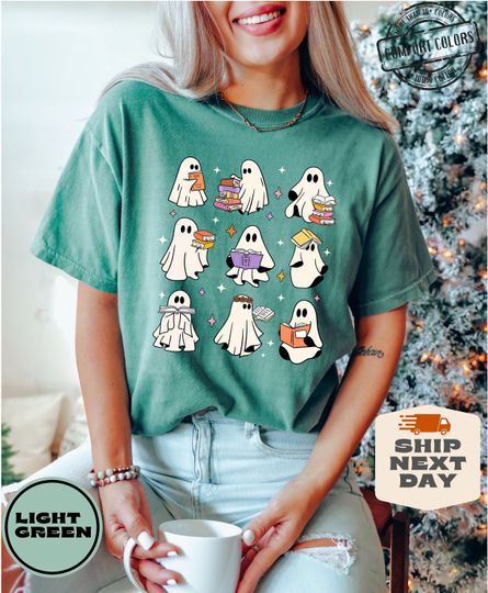 Discover Comfort Colors Ghost Reading Books Shirt, Bookish Halloween Sweater