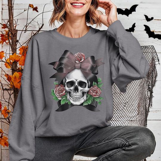 Discover Coquette Halloween sweatshirt, girly skull sweatshirt, Halloween sweatshirt