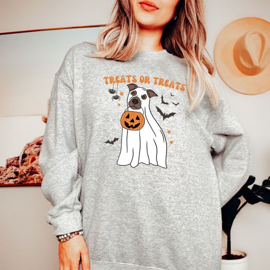 Discover Treats Pitbull Halloween Sweatshirt Crewneck, Ghost Pitbull Halloween Crewneck
