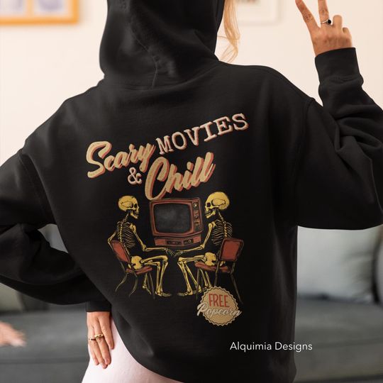 Discover Scary Movies & Chill Halloween Hoodie, Halloween Hoodie, Trendy Vintage Inspired Hoodie Skeleton Halloween