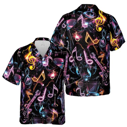 Discover Mysterious Neon Music Note Guitar Hawaiian Shirt S-5XL