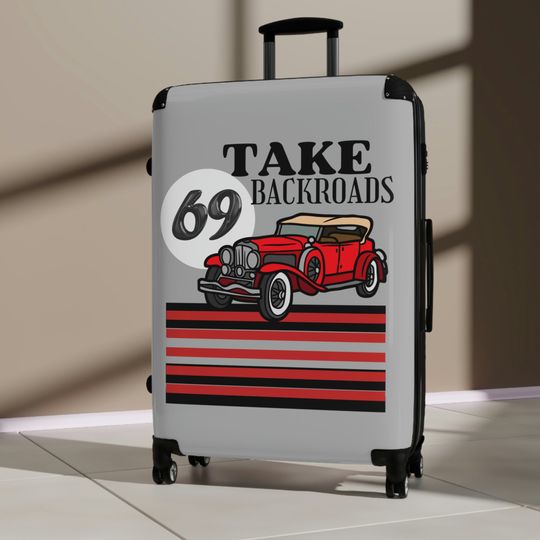 Discover Take The Back Roads Airport Safety locked 3pc Luggage Set, Vintage Old School 60's Travel Suitcase