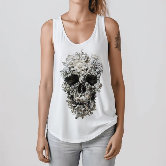Discover Floral Skull Women's Tank Top, Womens Racerback Bloom Skull Tank Top