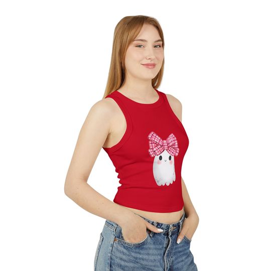 Discover Adorable Ghost Women's Micro Rib Racer Tank Top with Red Plaid Bow