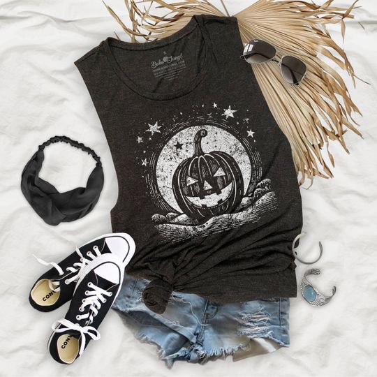 Discover Jack o Lantern Full Moon Halloween Flowy Festival Womens Premium Muscle Tank Top