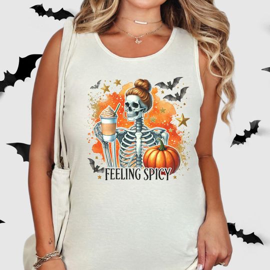 Discover Halloween Tank Top, Feeling Spicy Skeleton Drinking Spiced Coffee Drink