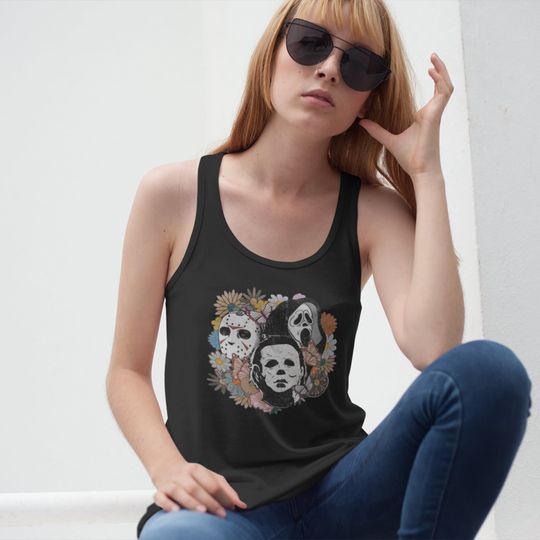 Retro Halloween Tank Top, Halloween floral Tank, Scream, Jason, Michael Myers