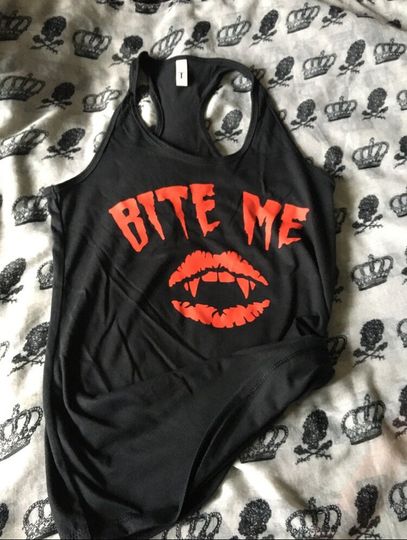 Discover Bite me racerback tank top, horror, Halloween, dark humor, vampire