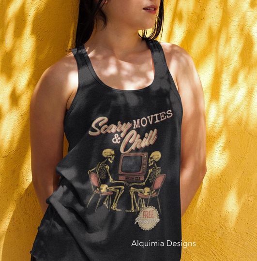 Discover Scary Movies & Chill Tank, Halloween Tank Top, Trendy Vintage Inspired Shirt