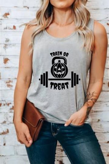 Discover Train Or Treat Tanktop, Spooky Pumpkin, Gym Theme Halloween Tank