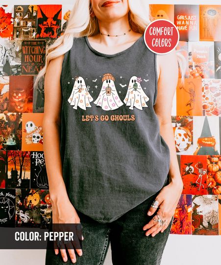 Discover Lets Go Ghouls Tank Top Ghost Coffee Tank Top Retro Halloween Tank Top Cute Ghost Tank Top